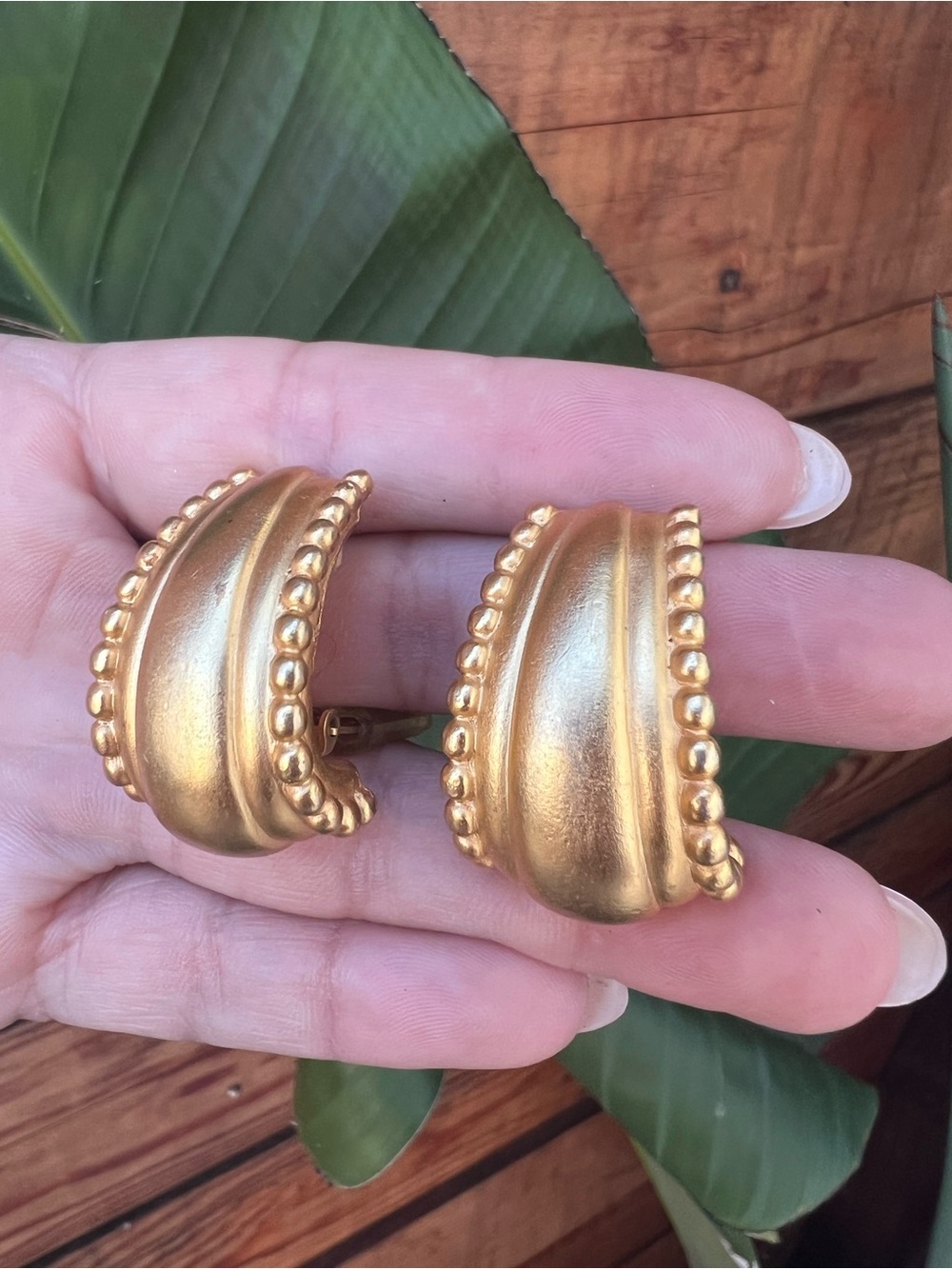 80’s 80s Vintage Matte Gold Crown Beaded Women’s Dome Clip On Half Hoop Earrings